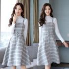 Set: Long-sleeve Frill-trim Top + Sleeveless Tweed Midi Dress