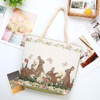 Rabbit Embroidered Tote Bag White - M
