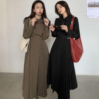 Long-sleeve Asymmetrical Hem Pleated Midi Shirtdress