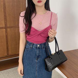Plain Short-sleeve T-shirt / Twist Cropped Knit Camisole Top