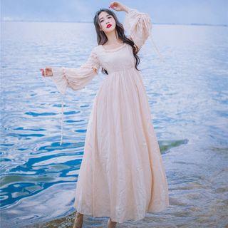 Balloon-sleeve A-line Maxi Dress