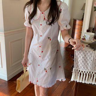 Puff-sleeve Contrast Trim Single Breasted Floral Dress