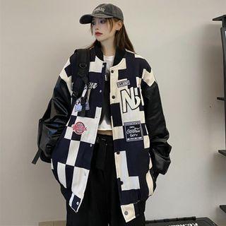 Lettering Two-tone Faux Leather Panel Baseball Jacket
