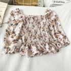 Elbow-sleeve Floral Print Blouse Floral - Almond - One Size