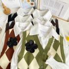 Set: Bell-sleeve Plain Shirt + Flower-accent Argyle Button-up Knit Vest In 6 Colors