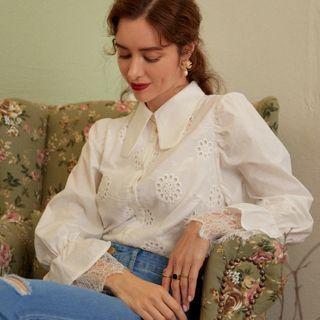 Flare Sleeve Lace Panel Blouse