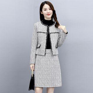 Set: Cropped Open-front Plaid Jacket + Mini A-line Skirt