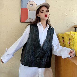 Plain Shirt / V-neck Faux Leather Vest