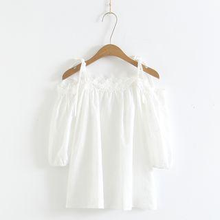 Elbow-sleeve Cold Shoulder Top White - One Size