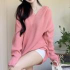 V-neck Hooded Sweater Pink - One Size
