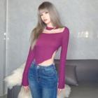 Long-sleeve Faux Pearl Cut-out Cropped T-shirt