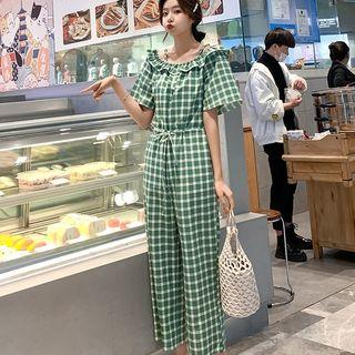 Cold-shoulder Plaid Jumpsuit