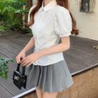 Puff-sleeve Plain Shirt / Mini A-line Skirt / Set