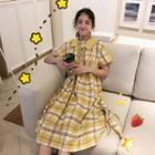 Plaid Short-sleeve A-line Dress Yellow - One Size
