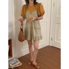 Puff-sleeve Top / Spaghetti Strap Frill Trim Mini A-line Dress