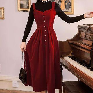 Set: Long-sleeve Mock-neck Top + Midi A-line Velvet Pinafore Dress