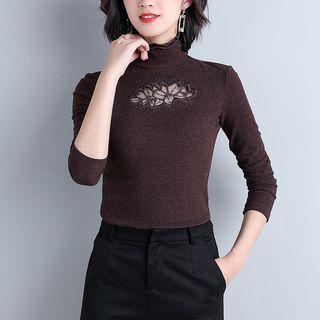 Long-sleeve Mesh Paneled Mock Neck Top