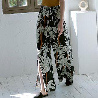 Leaf Print Slit-hem Wide-leg Pants