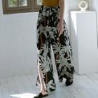 Leaf Print Slit-hem Wide-leg Pants