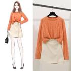 Cable Knit Sweater / Faux Leather Mini A-line Skirt / Set
