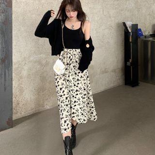 Floral Print Spaghetti Strap A-line Dress / Plain Cardigan