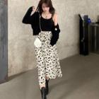 Floral Print Spaghetti Strap A-line Dress / Plain Cardigan