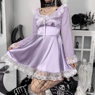 3/4-sleeve Lace Trim Mini A-line Dress