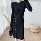 Long-sleeve Button-up Knit Sheath Dress