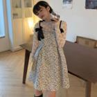 Long-sleeve Lace Top / Spaghetti Strap Bow-accent Floral Print A-line Dress