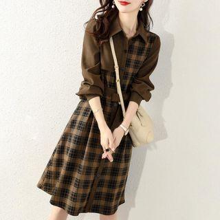 Long-sleeve Plaid Panel A-line Shirt Dress