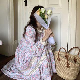 Long-sleeve Floral Midi Dress Floral - White & Pink - One Size