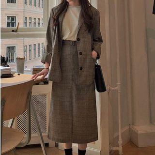 Plaid Single-breasted Blazer / Midi Straight-fit Skirt / V-neck Cardigan
