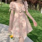 Short-sleeve Bow Accent Floral Mini A-line Dress