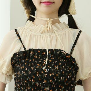 Frilled Cropped Chiffon Peasant Blouse Beige - One Size
