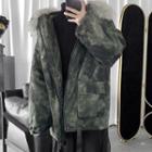 Faux Fur Hooded Camo Zipped Jacket