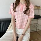 Elbow-sleeve Polo-neck Gingham Knit Top