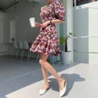 Puff-sleeve Frill-hem Floral Dress