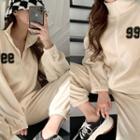 Set: Fleece Letter Zip-up Jacket + Jogger Pants Cream - One Size