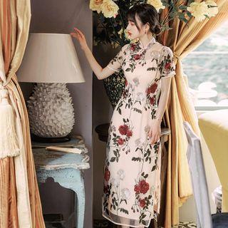 Short-sleeve Embroidered Floral Mesh Midi Qipao