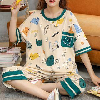 Loungewear Set : Short-sleeve Animal Print Top + Pants