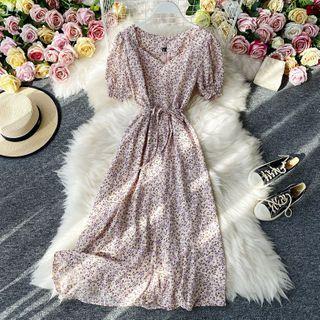 Tie-waist Short-sleeve Floral Print Chiffon Dress
