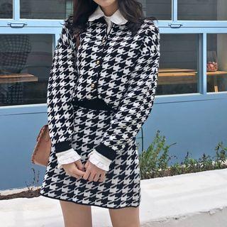 Set: Houndstooth Cardigan + Mini Skirt