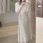 Short-sleeve Square-neck Knit Top / Floral Print Midi Skirt / Set