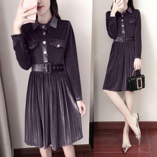 Long-sleeve Velvet Dress With Belt