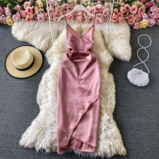 Spaghetti Strap Plain Slit Dress