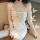 Long-sleeve Mock Neck Mesh Top / Open Knit Camisole