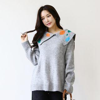 Sailor-collar Multicolor-dotted Knit Top