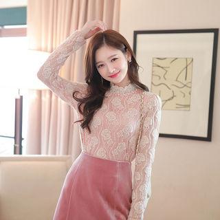 Mock-neck Puff-shoulder Lace Top