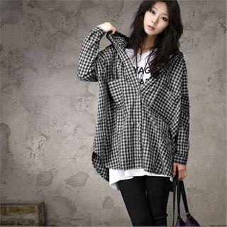 Hooded Dual-pocket Oversized Gingham Jacket Black - One Size