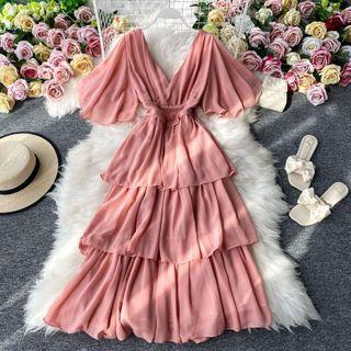 V-neck Bell-sleeve Tiered Maxi Dress